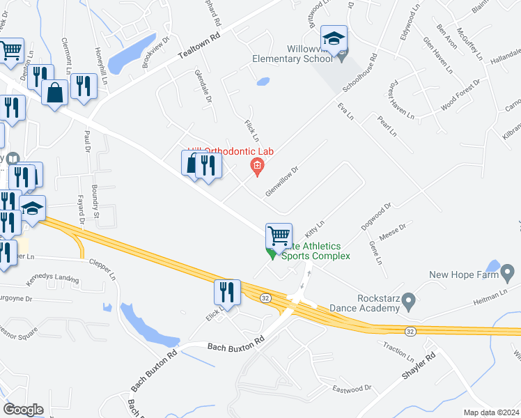 map of restaurants, bars, coffee shops, grocery stores, and more near 1136 Old State Route 74 in Batavia