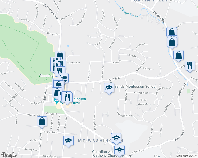 map of restaurants, bars, coffee shops, grocery stores, and more near 6358 Corbly Road in Cincinnati