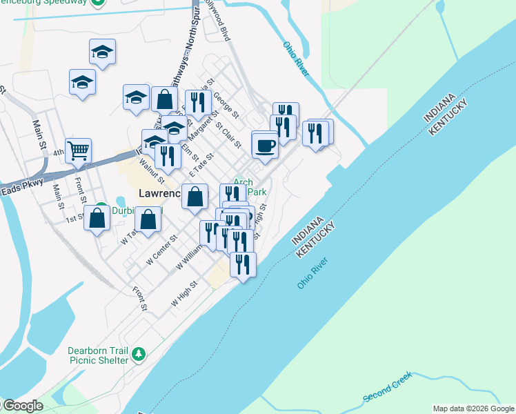 map of restaurants, bars, coffee shops, grocery stores, and more near 118 Elm Street in Lawrenceburg