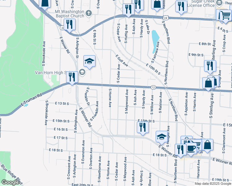 map of restaurants, bars, coffee shops, grocery stores, and more near 1219 South Home Avenue in Independence