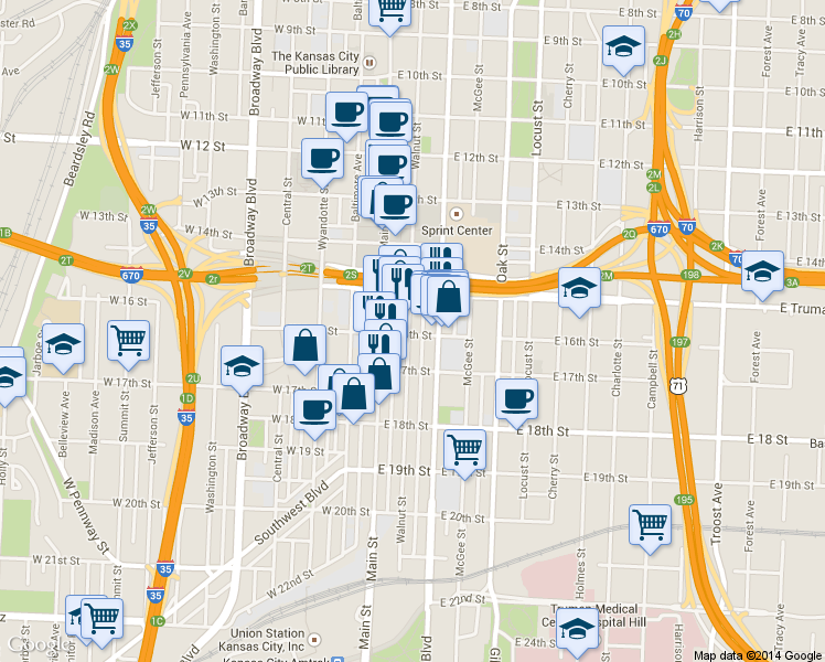 map of restaurants, bars, coffee shops, grocery stores, and more near 1532 Walnut Street in Kansas City