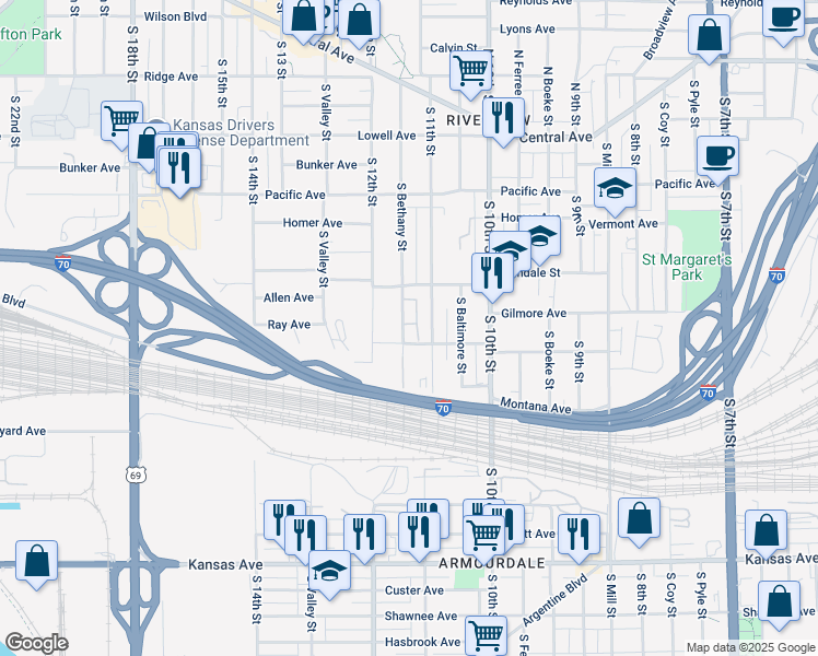 map of restaurants, bars, coffee shops, grocery stores, and more near 348 South 11th Street in Kansas City