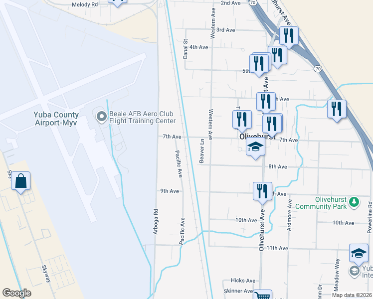map of restaurants, bars, coffee shops, grocery stores, and more near 1564 7th Avenue in Olivehurst