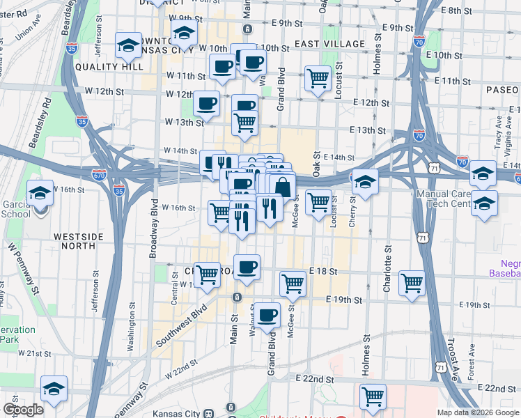 map of restaurants, bars, coffee shops, grocery stores, and more near 1535 Walnut Street in Kansas City