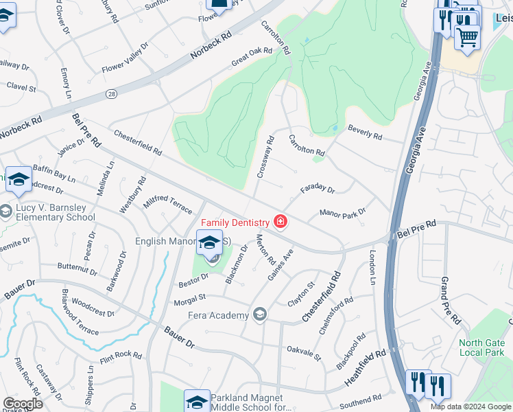 map of restaurants, bars, coffee shops, grocery stores, and more near 14364 Chesterfield Road in Rockville