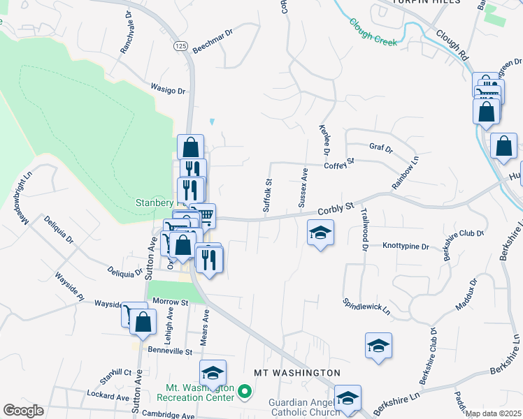 map of restaurants, bars, coffee shops, grocery stores, and more near 2213 Suffolk Street in Cincinnati