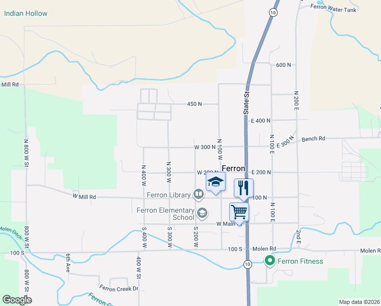 map of restaurants, bars, coffee shops, grocery stores, and more near 255 North 200 West in Ferron