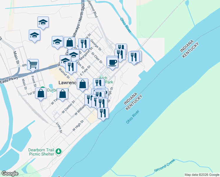 map of restaurants, bars, coffee shops, grocery stores, and more near 118 Elm Street in Lawrenceburg