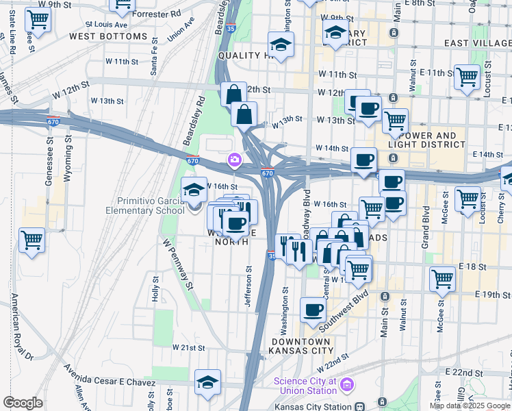 map of restaurants, bars, coffee shops, grocery stores, and more near 1625 Jefferson Street in Kansas City