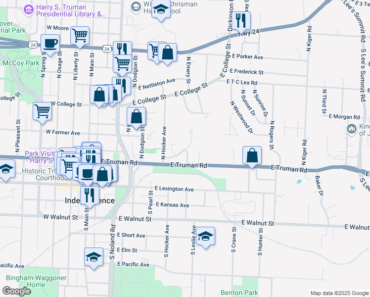 map of restaurants, bars, coffee shops, grocery stores, and more near 300 North Leslie Avenue in Independence