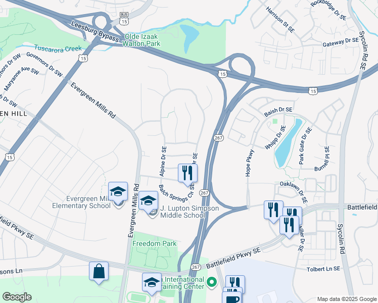 map of restaurants, bars, coffee shops, grocery stores, and more near 118 Richard Drive Southeast in Leesburg