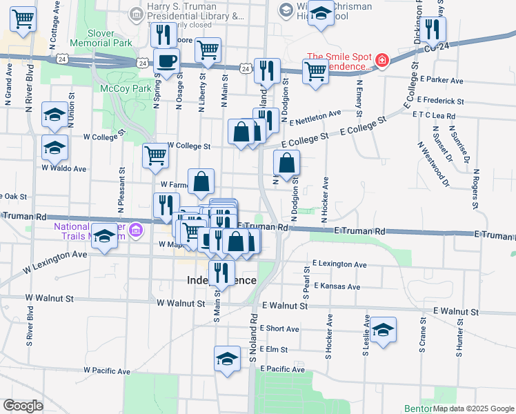 map of restaurants, bars, coffee shops, grocery stores, and more near 200 East White Oak Street in Independence
