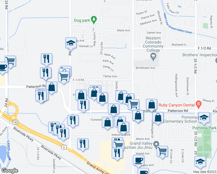 map of restaurants, bars, coffee shops, grocery stores, and more near 2481 Thunder Mountain Drive in Grand Junction