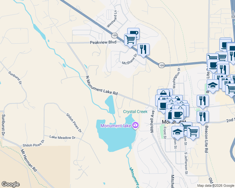 map of restaurants, bars, coffee shops, grocery stores, and more near 398 Raspberry Lane in Monument