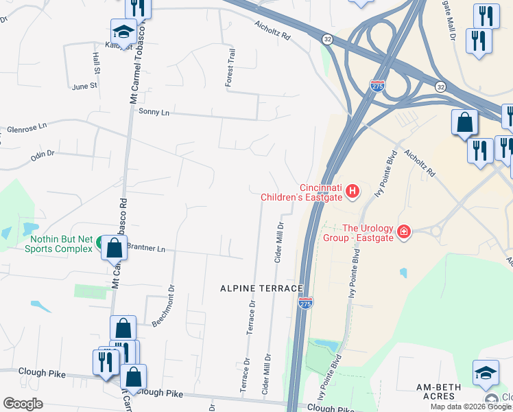 map of restaurants, bars, coffee shops, grocery stores, and more near 4385 Terrace Drive in Cincinnati