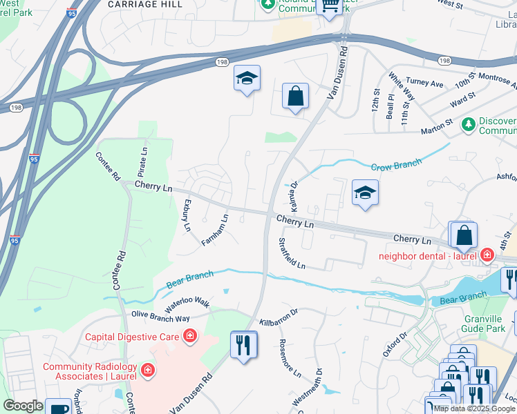map of restaurants, bars, coffee shops, grocery stores, and more near 14906 Laurel Oaks Lane in Laurel