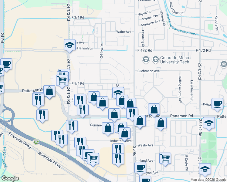 map of restaurants, bars, coffee shops, grocery stores, and more near 616 Mesa Canyon Lane in Grand Junction