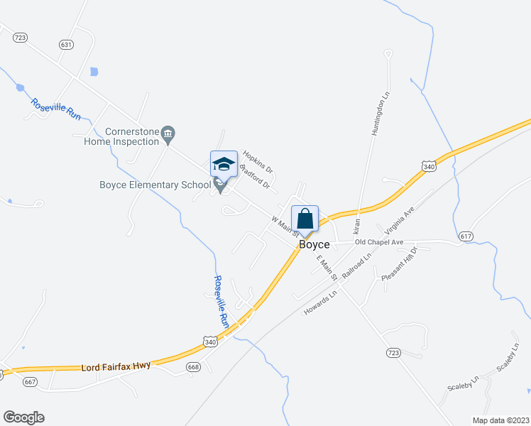 map of restaurants, bars, coffee shops, grocery stores, and more near 106 West Main Street in Boyce
