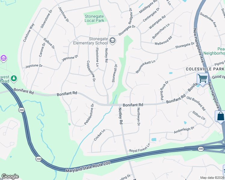 map of restaurants, bars, coffee shops, grocery stores, and more near 14605 Stonewall Drive in Silver Spring