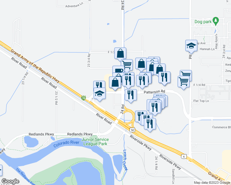 map of restaurants, bars, coffee shops, grocery stores, and more near 2405 F Road in Grand Junction