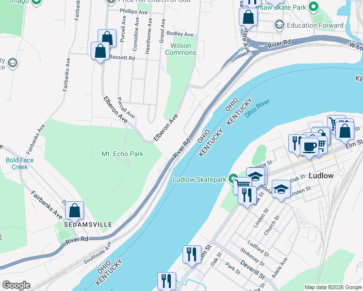 map of restaurants, bars, coffee shops, grocery stores, and more near 2634 Ohio River Scenic Byway in Cincinnati