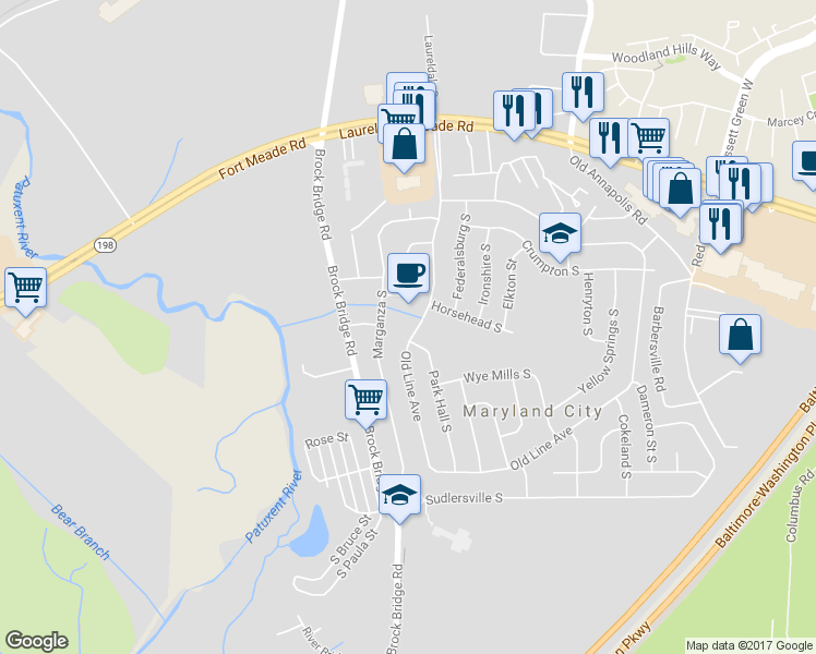 map of restaurants, bars, coffee shops, grocery stores, and more near 262 Old Line Avenue in Laurel