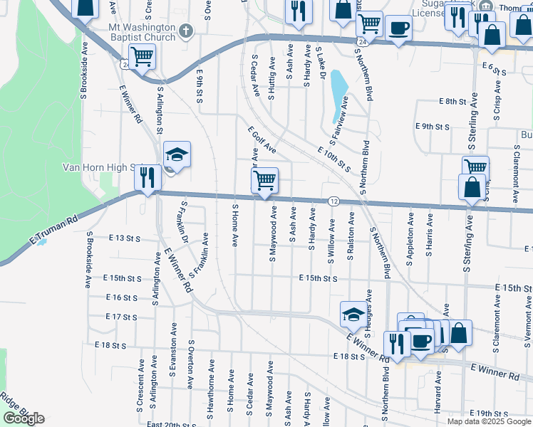 map of restaurants, bars, coffee shops, grocery stores, and more near 1210 South Maywood Avenue in Independence