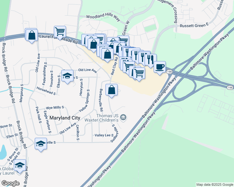 map of restaurants, bars, coffee shops, grocery stores, and more near 269 Red Clay Road in Maryland City