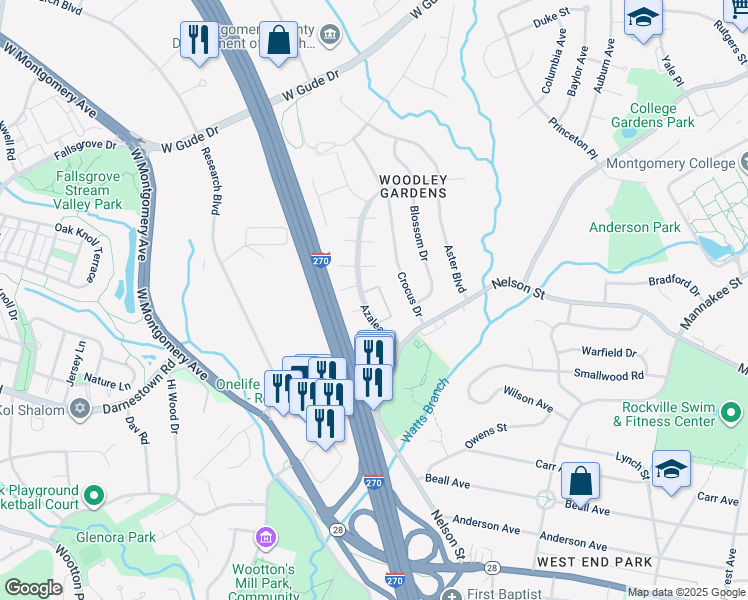 map of restaurants, bars, coffee shops, grocery stores, and more near 627 Azalea Drive in Rockville