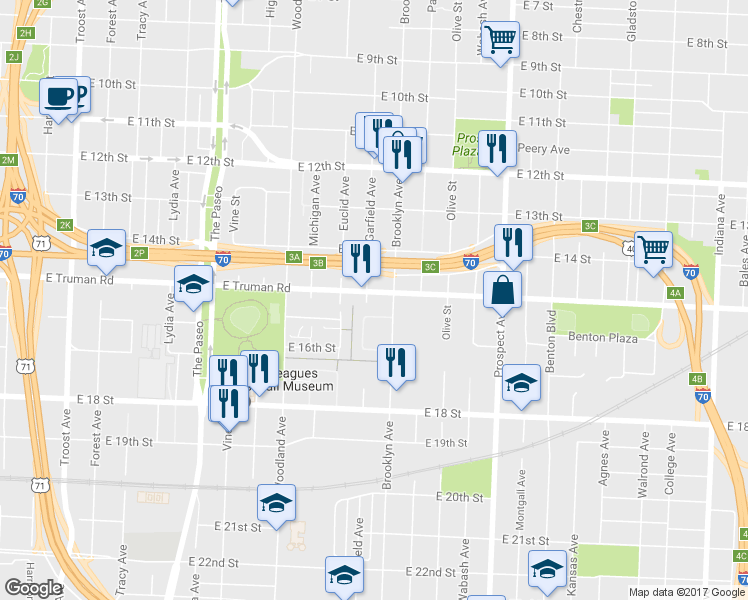 map of restaurants, bars, coffee shops, grocery stores, and more near 2101 East Truman Road in Kansas City