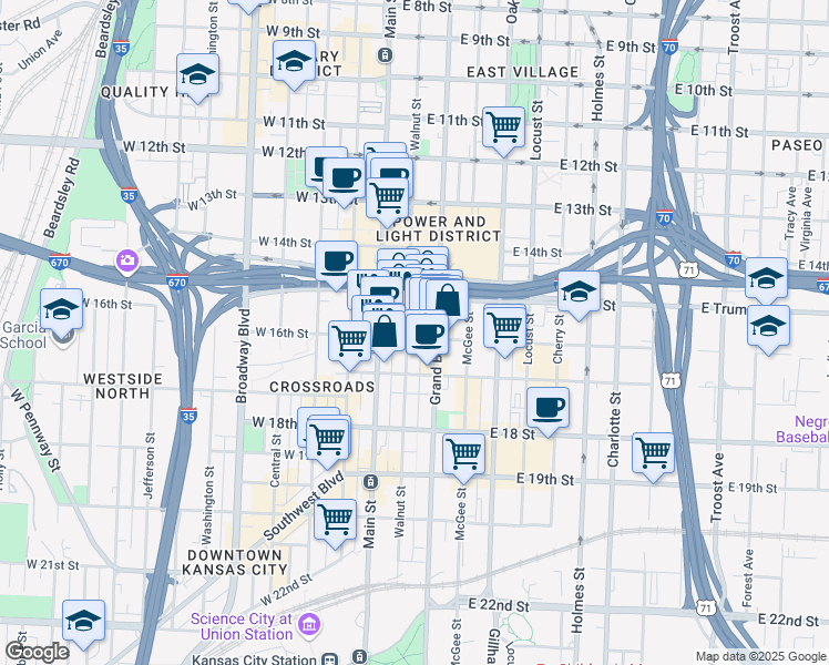 map of restaurants, bars, coffee shops, grocery stores, and more near 1532 Walnut Street in Kansas City