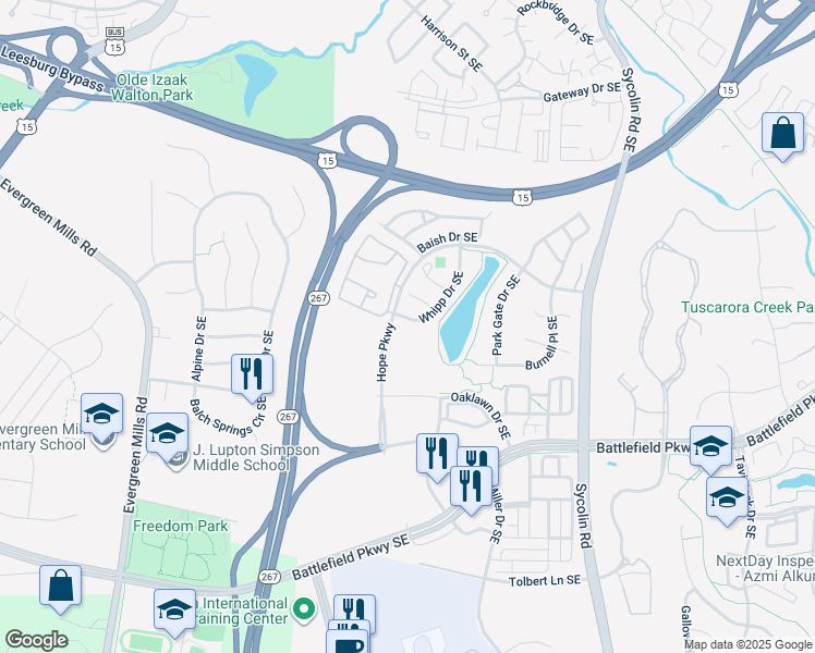 map of restaurants, bars, coffee shops, grocery stores, and more near 343 Whipp Drive Southeast in Leesburg