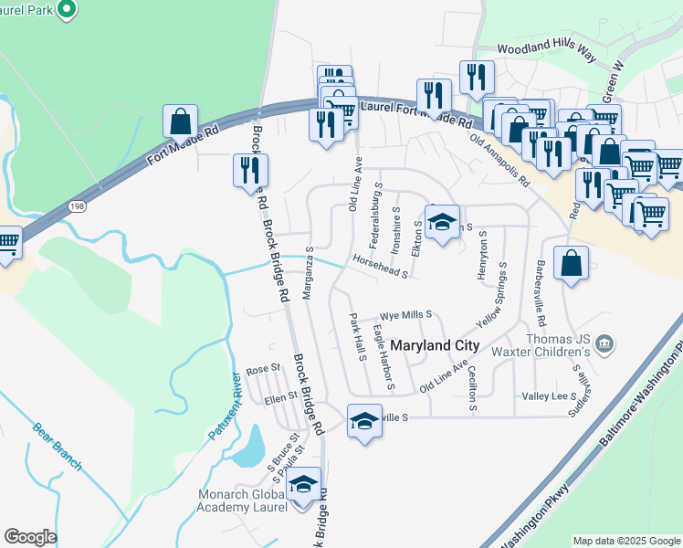 map of restaurants, bars, coffee shops, grocery stores, and more near 259 Old Line Avenue in Laurel
