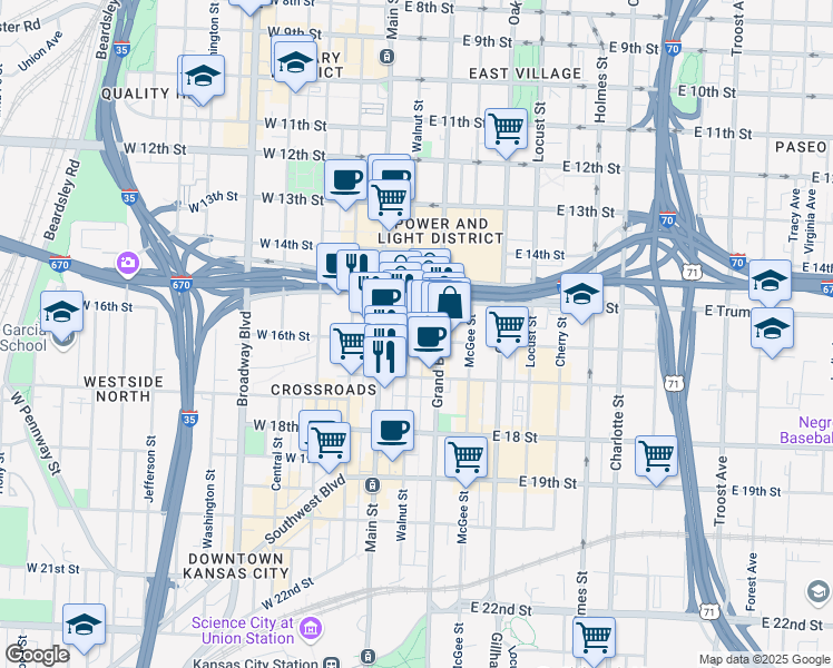 map of restaurants, bars, coffee shops, grocery stores, and more near 1535 Walnut Street in Kansas City