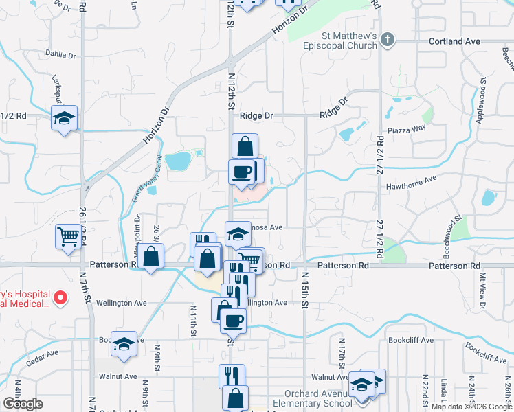 map of restaurants, bars, coffee shops, grocery stores, and more near 1240 Bonito Avenue in Grand Junction