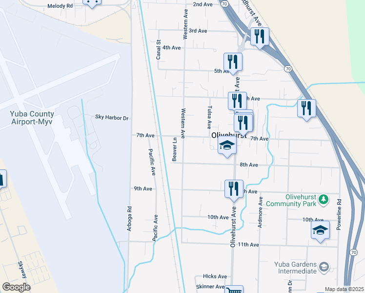 map of restaurants, bars, coffee shops, grocery stores, and more near 4861 Beaver Lane in Olivehurst