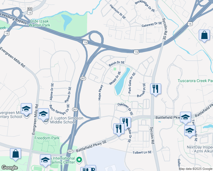 map of restaurants, bars, coffee shops, grocery stores, and more near 343 Whipp Drive Southeast in Leesburg