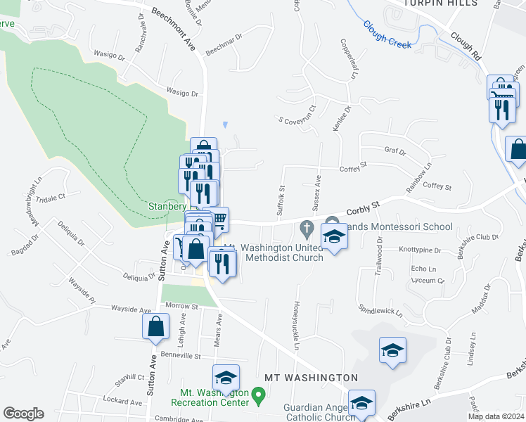 map of restaurants, bars, coffee shops, grocery stores, and more near 6274 Corbly Road in Cincinnati