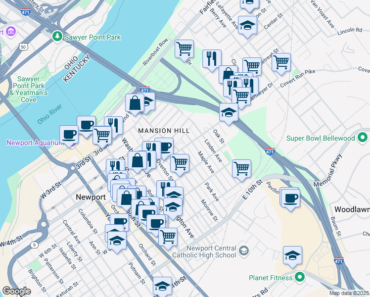 map of restaurants, bars, coffee shops, grocery stores, and more near 607 Park Avenue in Newport