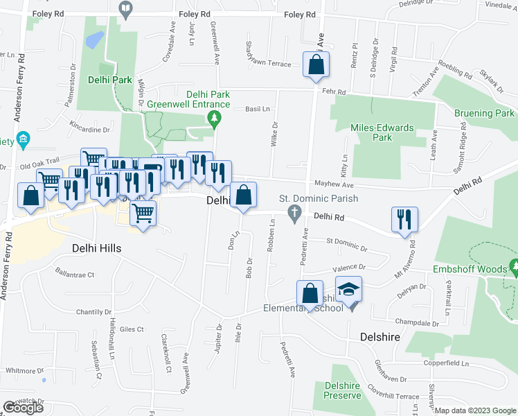 map of restaurants, bars, coffee shops, grocery stores, and more near 4705 Delhi Pike in Cincinnati