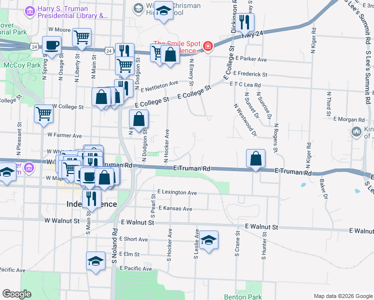 map of restaurants, bars, coffee shops, grocery stores, and more near 300 North Leslie Avenue in Independence