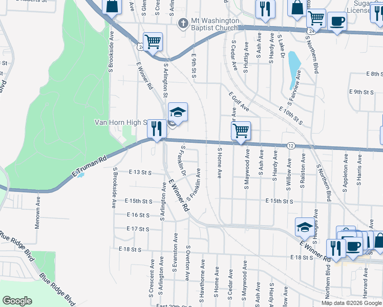map of restaurants, bars, coffee shops, grocery stores, and more near 9716 East 13 Street South in Independence