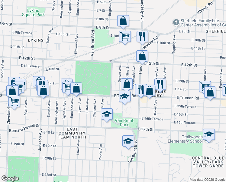 map of restaurants, bars, coffee shops, grocery stores, and more near 5118 East Truman Road in Kansas City