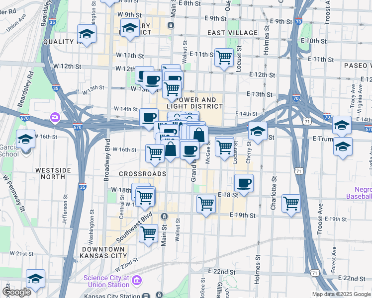 map of restaurants, bars, coffee shops, grocery stores, and more near 1532 Walnut Street in Kansas City