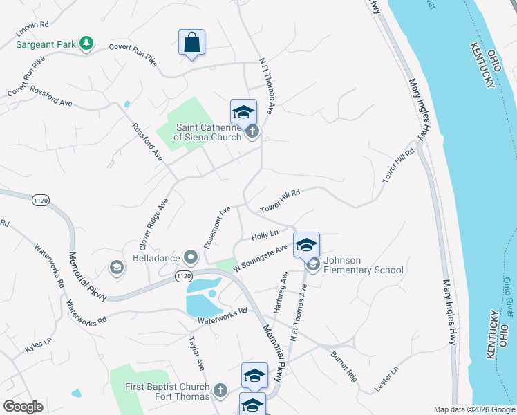 map of restaurants, bars, coffee shops, grocery stores, and more near 1438 North Fort Thomas Avenue in Fort Thomas