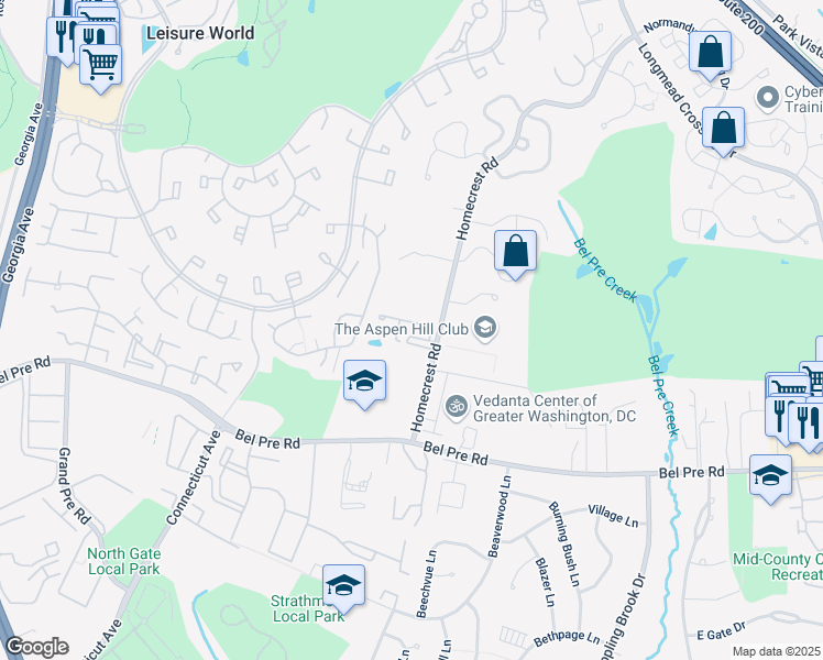 map of restaurants, bars, coffee shops, grocery stores, and more near 14510 Homecrest Road in Aspen Hill