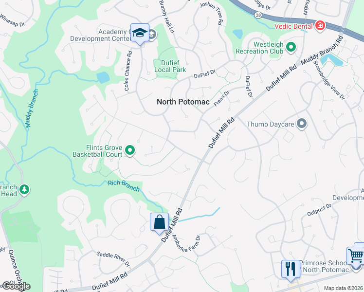 map of restaurants, bars, coffee shops, grocery stores, and more near 11417 Flints Grove Lane in North Potomac