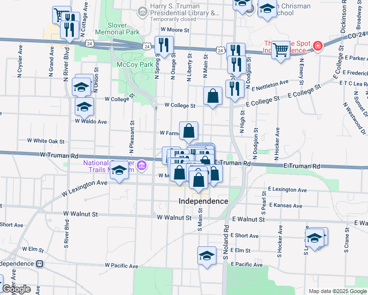 map of restaurants, bars, coffee shops, grocery stores, and more near 210 West Truman Road in Independence