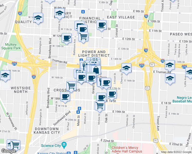 map of restaurants, bars, coffee shops, grocery stores, and more near 1537 Grand Boulevard in Kansas City