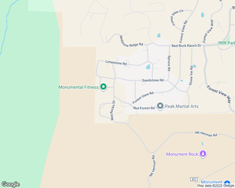 map of restaurants, bars, coffee shops, grocery stores, and more near 18125 Red Rocks Drive in Monument